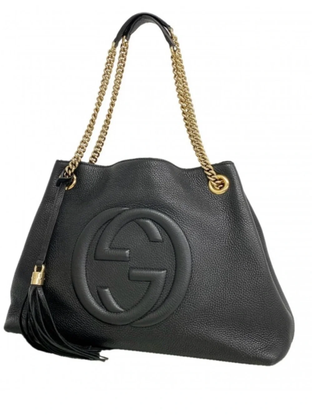 Gucci interlocking GG Black Soho Leather Shoulder Bag with Gold Chain and Tassel